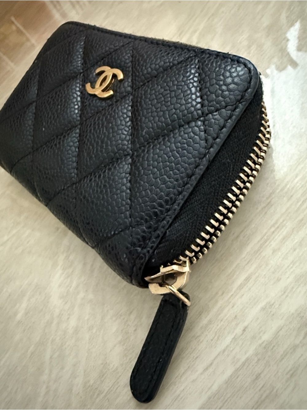 Chanel Black Quilted Caviar Leather Small Zip Wallet with Gold Hardware